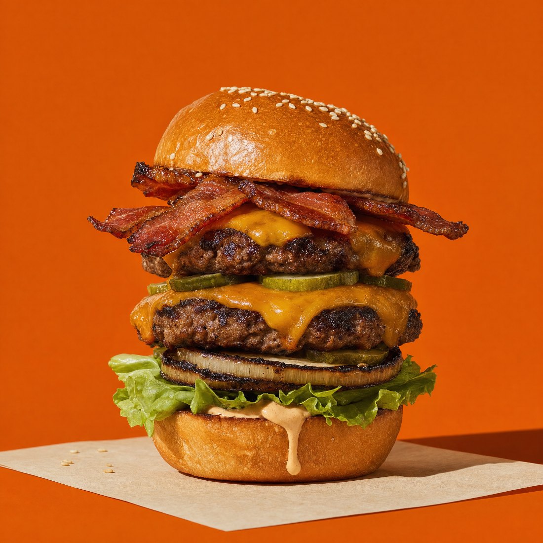 A Dupla: dois hambúrgueres com cheddar duplo, bacon, picles e cebola na brasa, sobre papel creme e fundo laranja