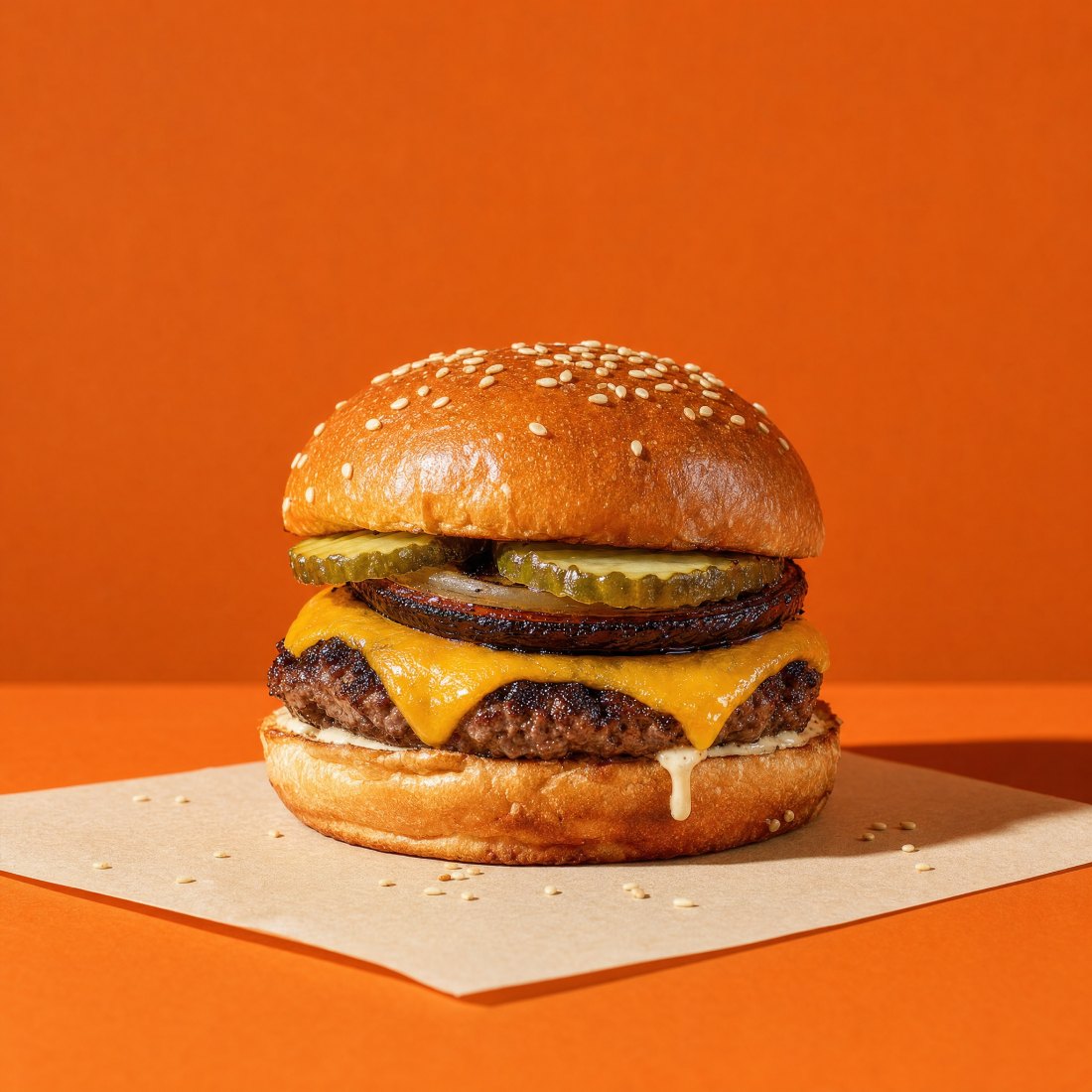 A Simples: um hambúrguer com cheddar derretido, picles e cebola na brasa, sobre papel creme e fundo laranja